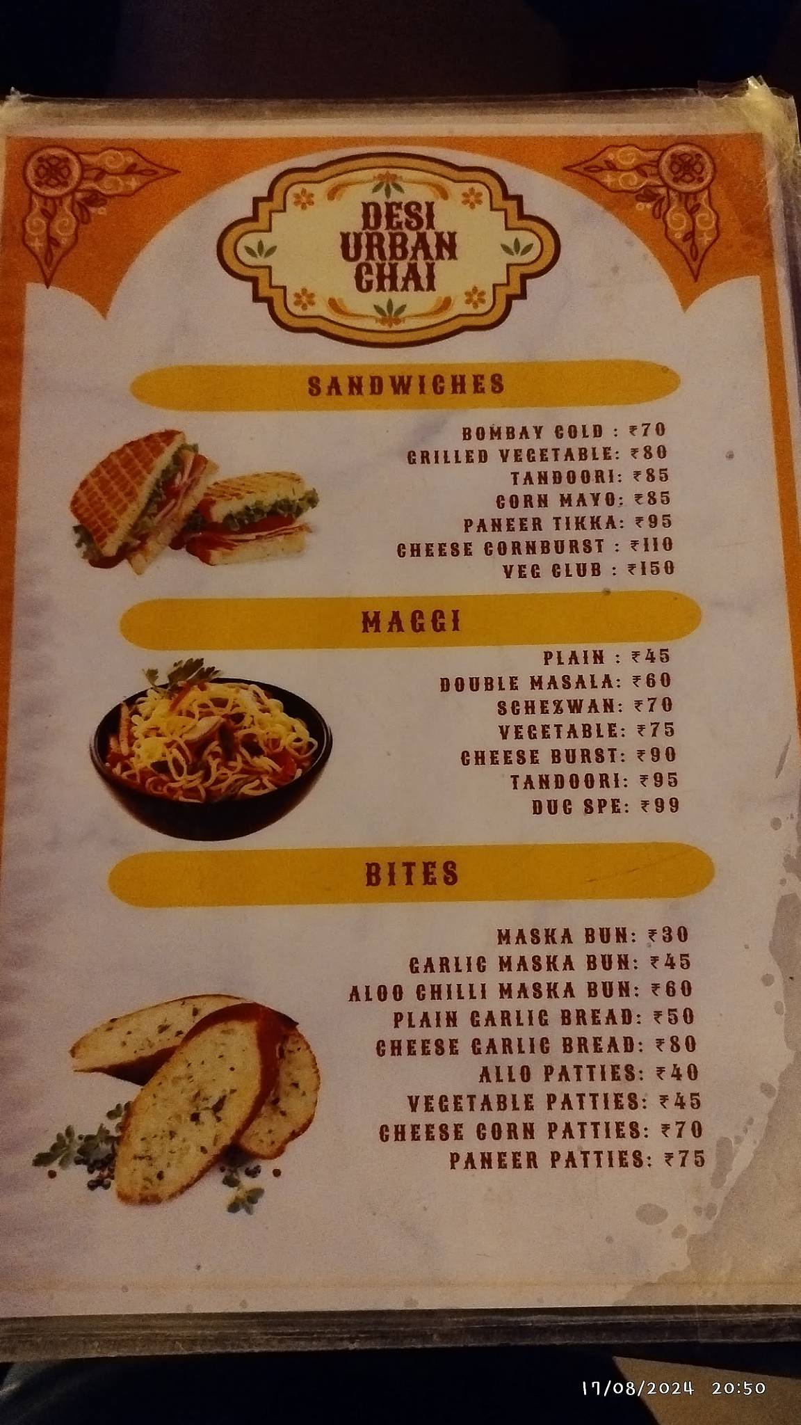 Desi Urban chai menu