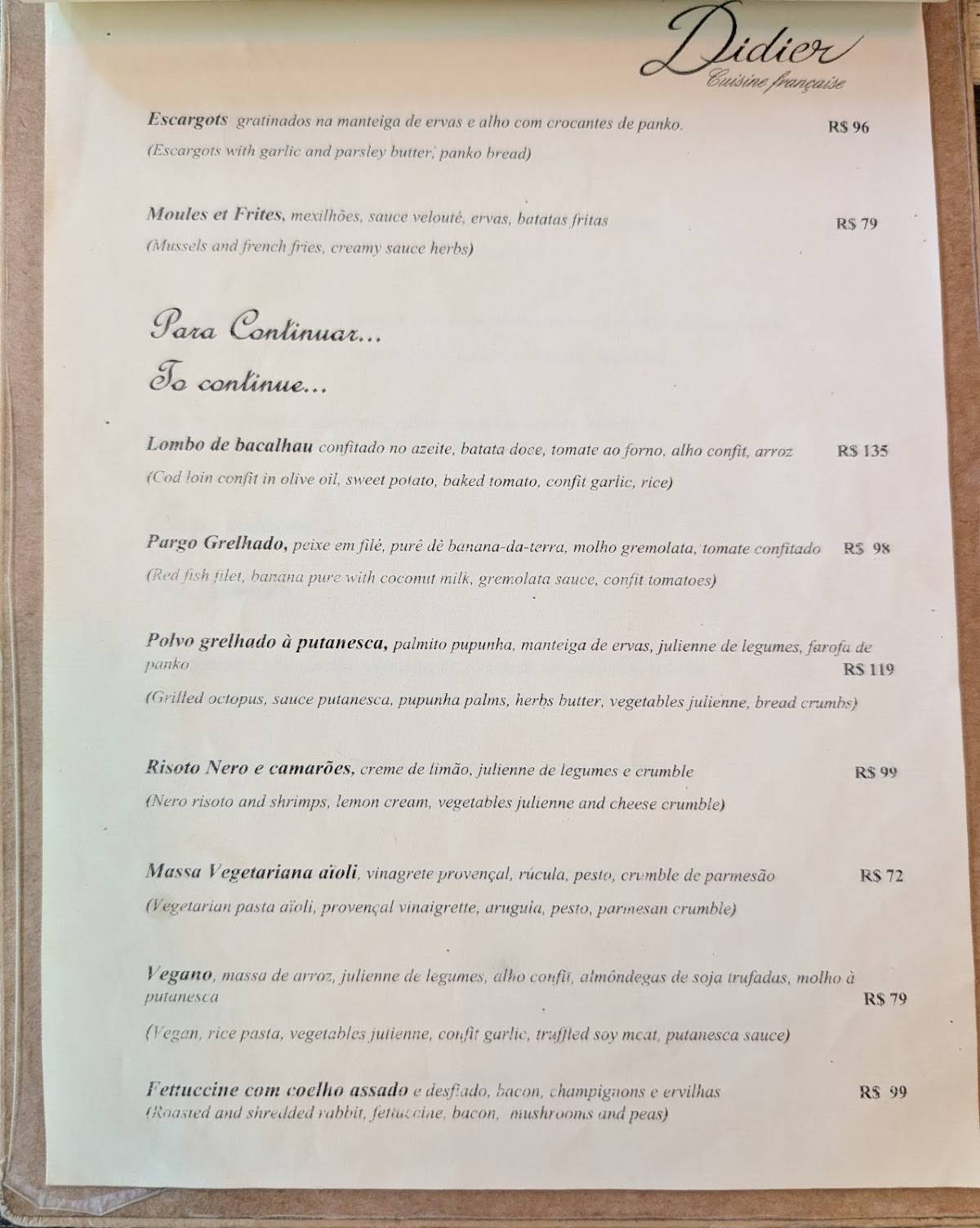 Didier Restaurante cardápio