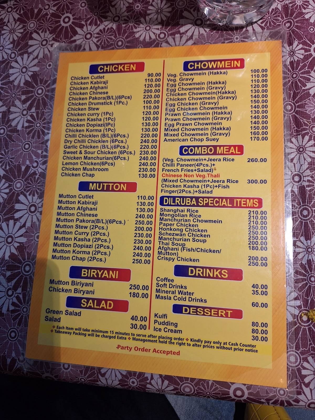 Dilruba Restaurant menu
