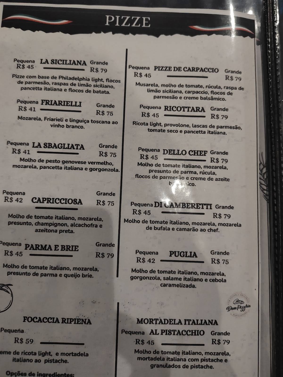 Dom Pizzeria Originale cardápio