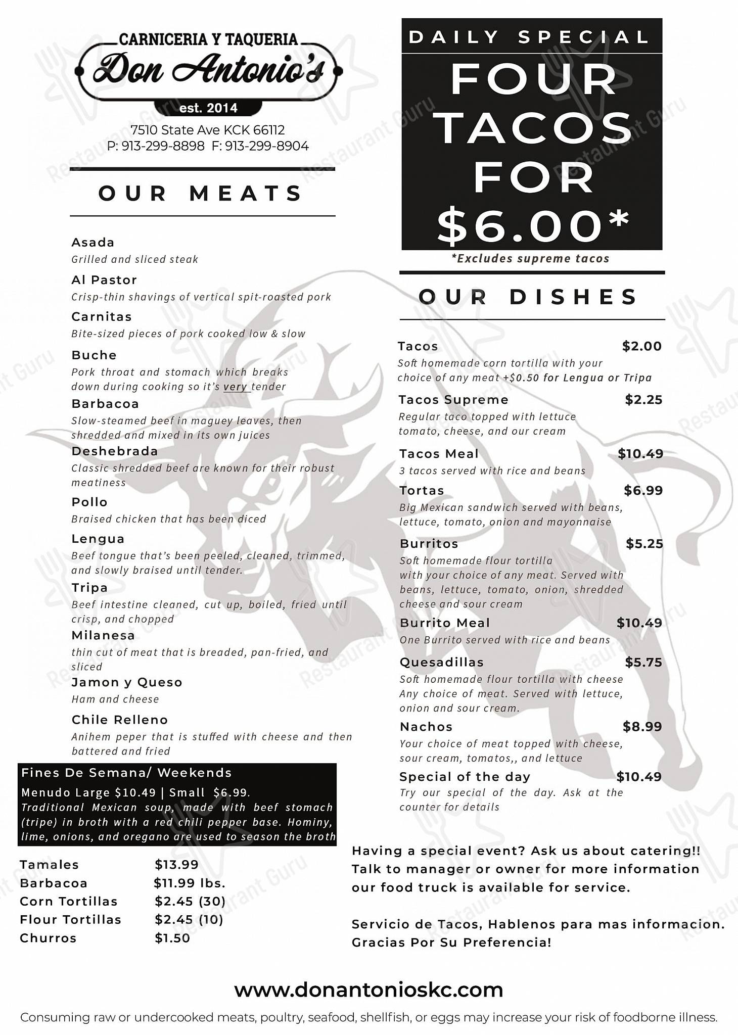 Menu at Don Antonio Meat and Tortillas restaurant, Kansas City