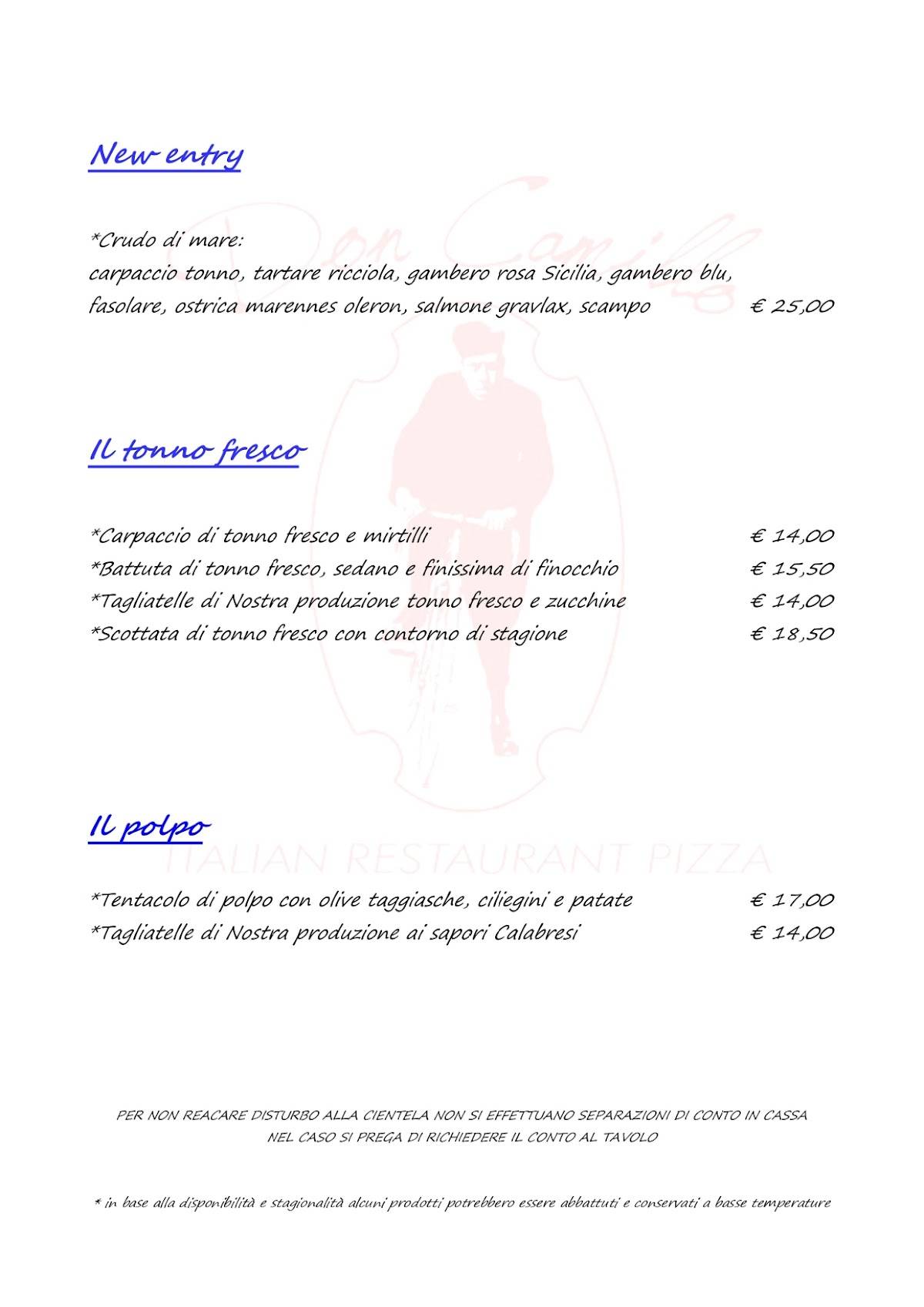 Menu di Don Camillo Italian Restaurant Pizza 