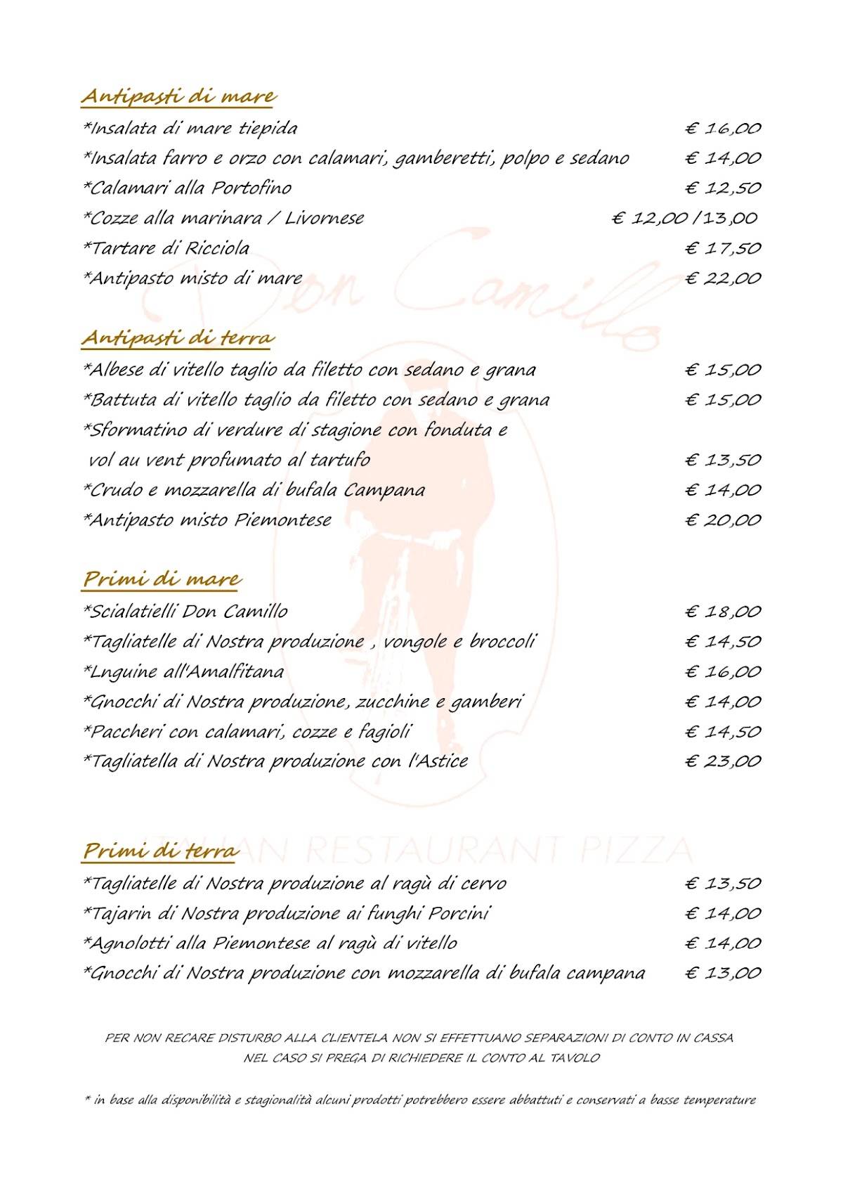 Menu di Don Camillo Italian Restaurant Pizza 