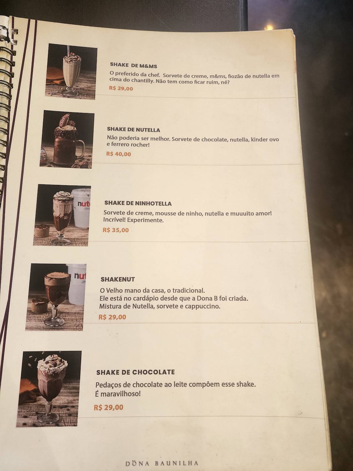 Dona Baunilha cardápio