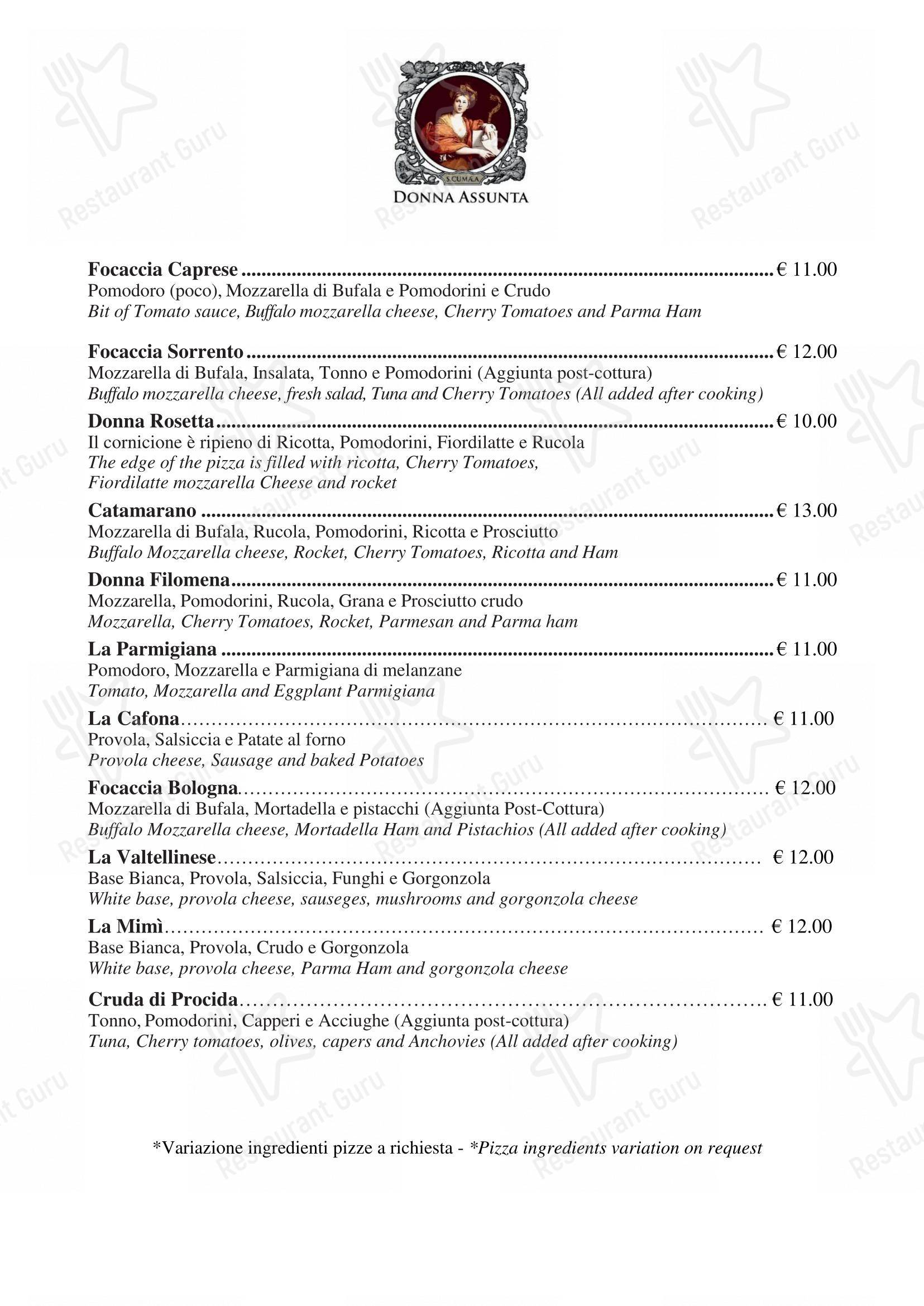Menu per Donna Assunta 1954 ristorante