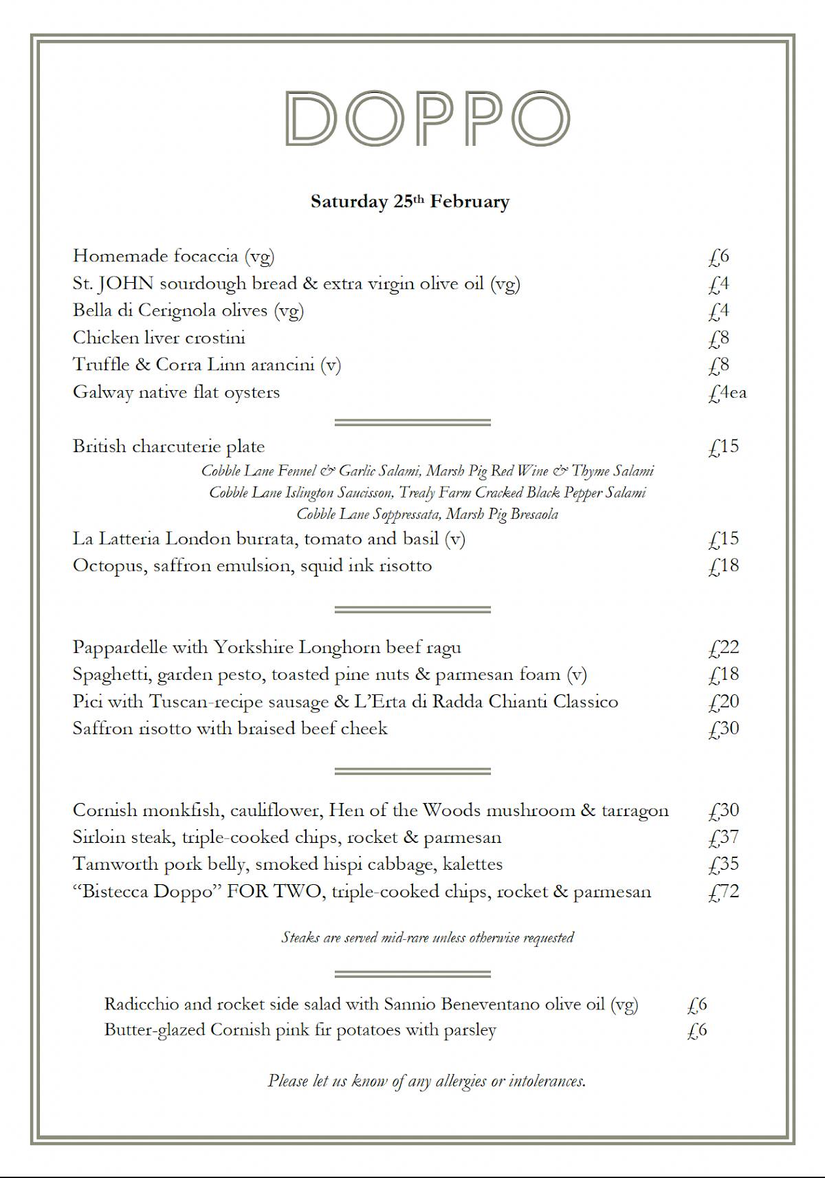 Menu at Doppo restaurant, London