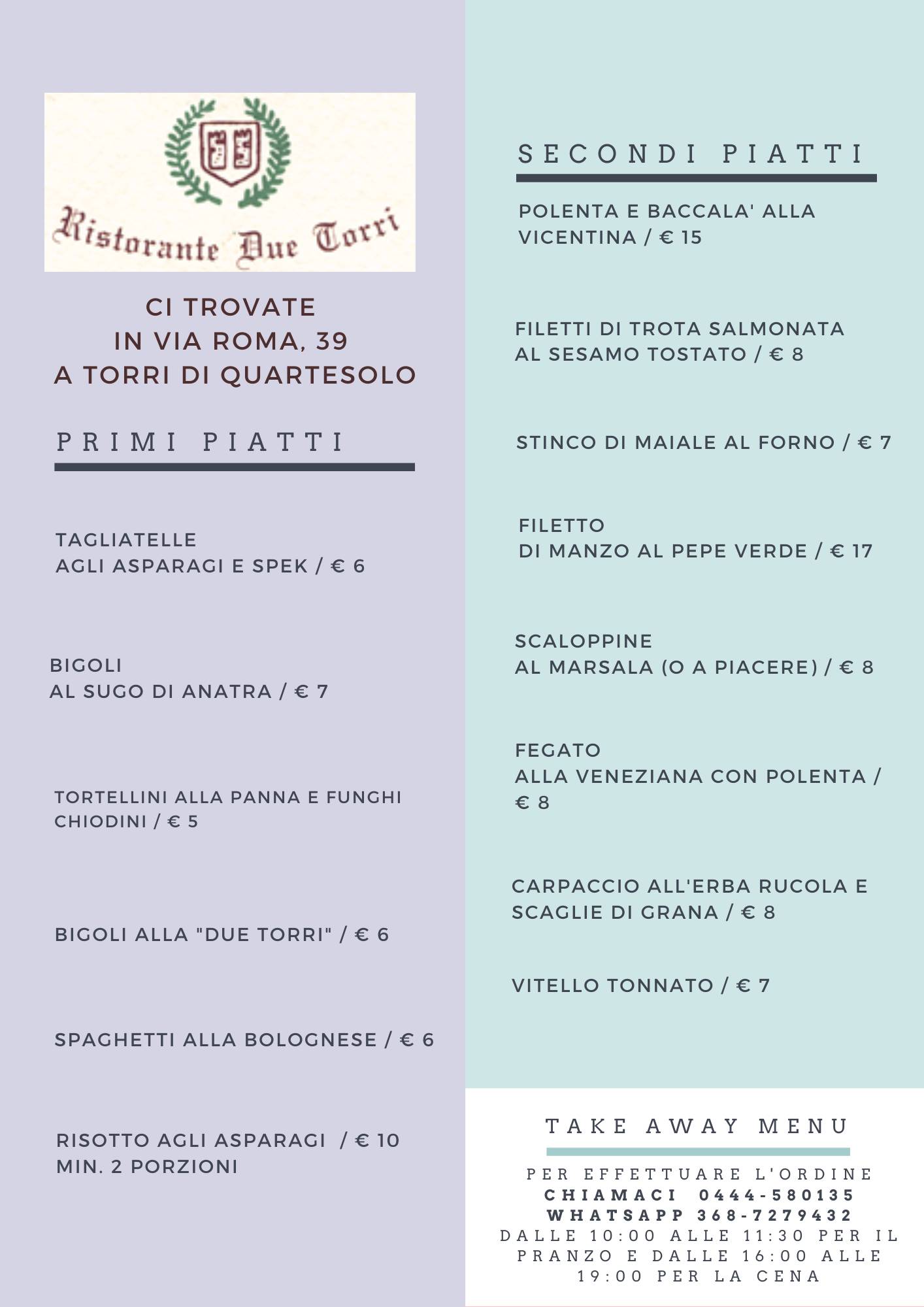 Menu di ristorante Due Torri 