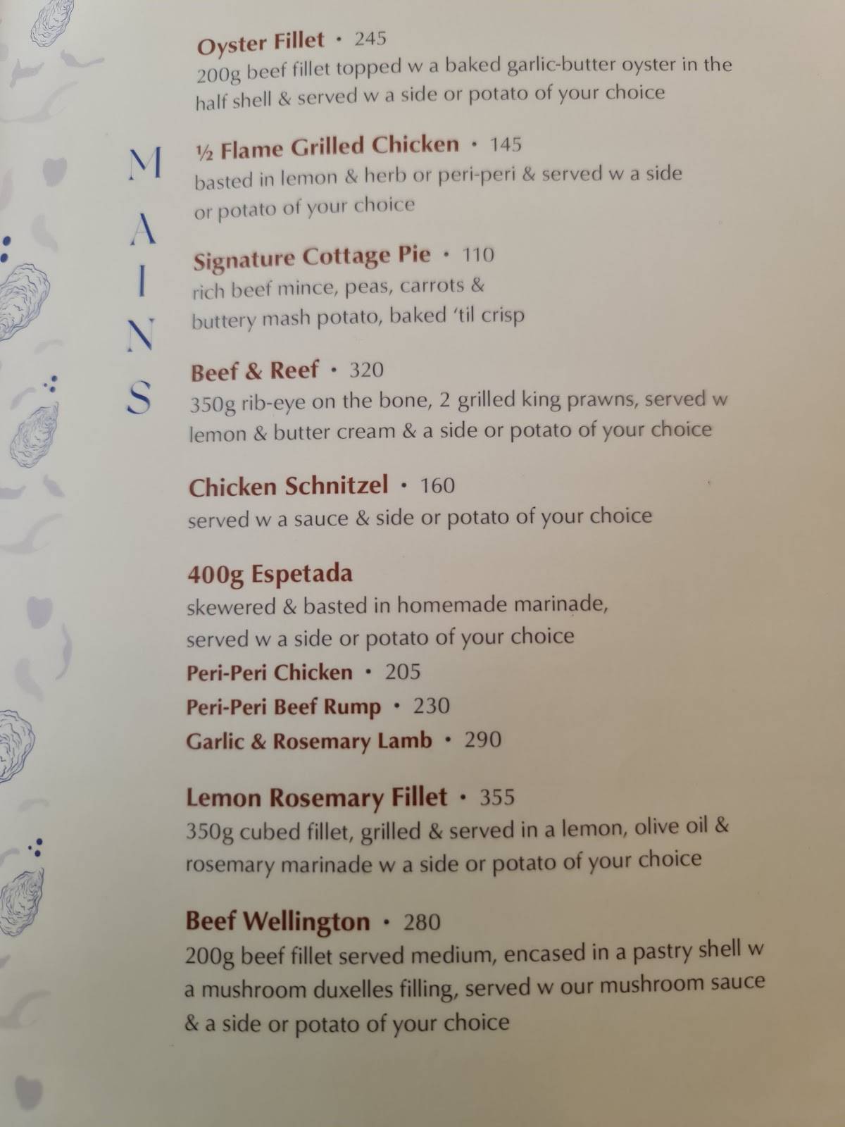 Menu at Steak and oyster restaurant, Umhlanga, 12