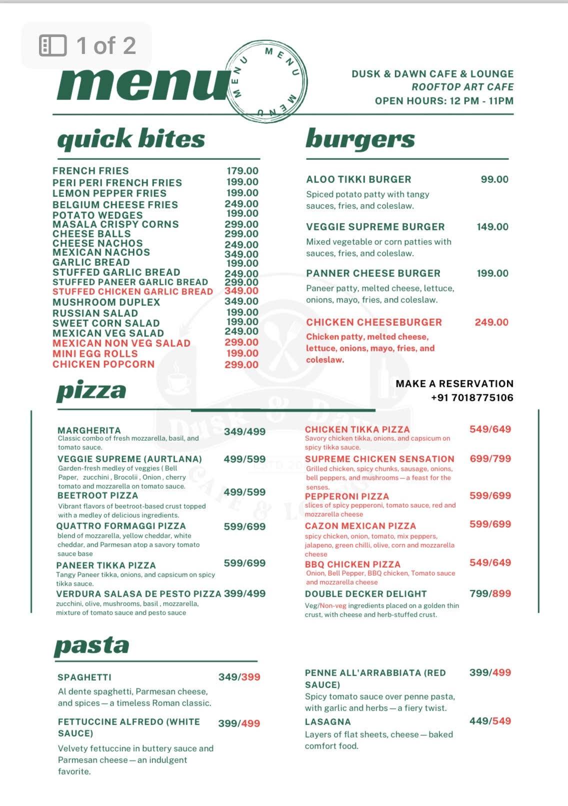 Dusk & Dawn Cafe & Lounge Kasauli menu