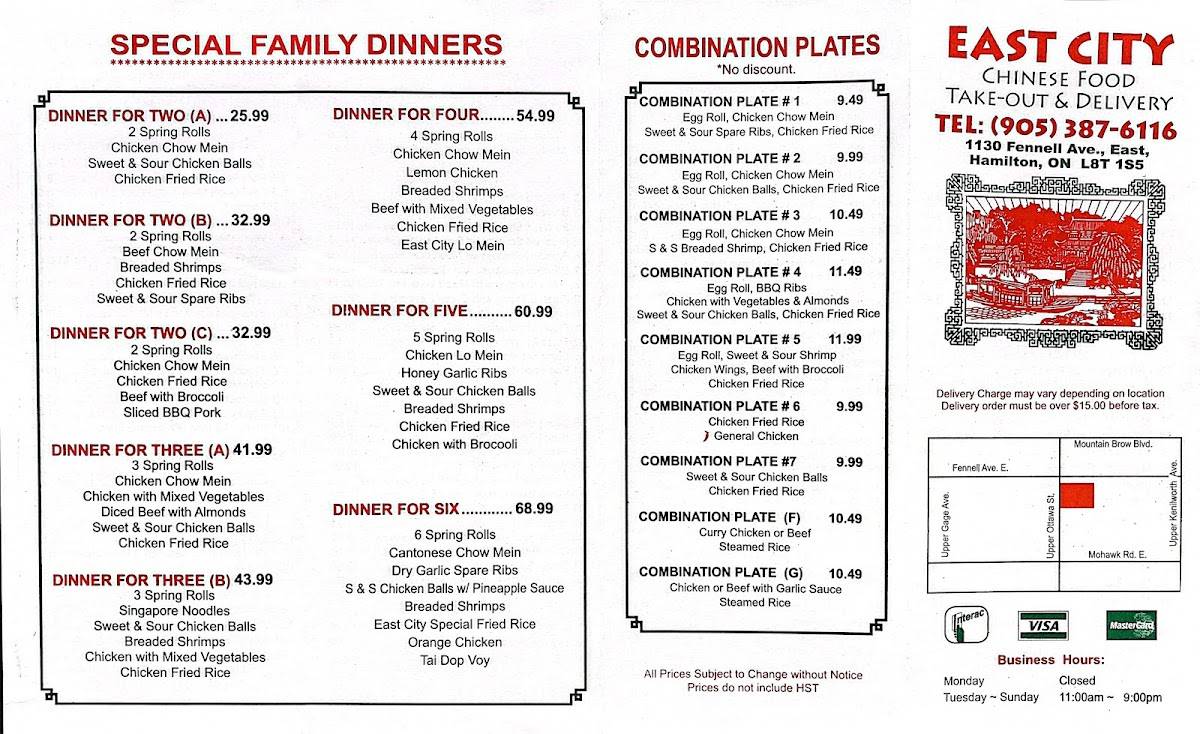 Menu at East City Chinese Food Take Out restaurant, Hamilton