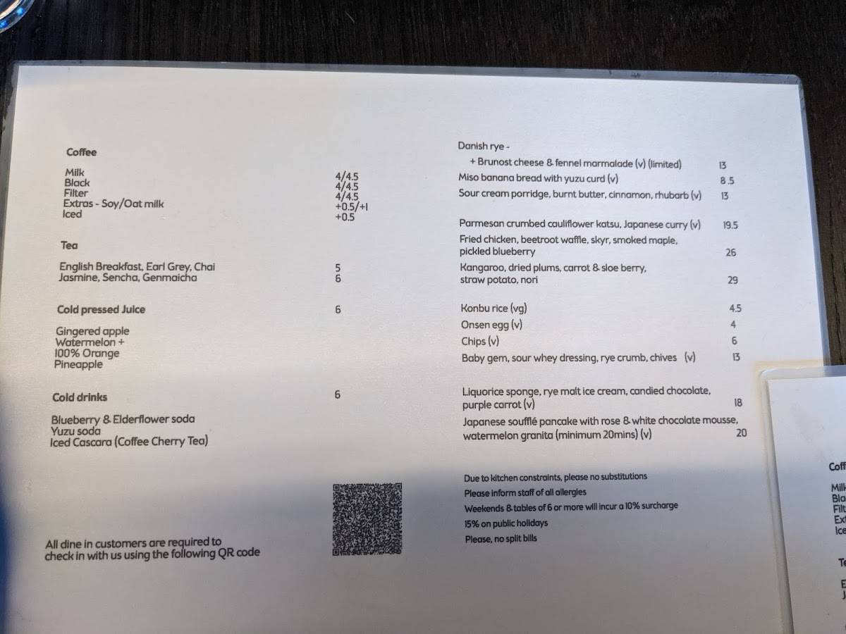 Menu at Edition Roasters cafe, Sydney, 60 Darling Dr