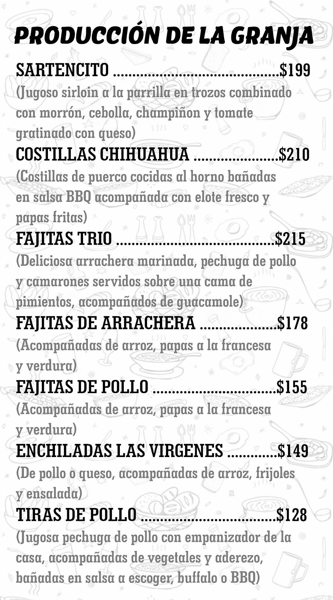 Carta de El Granero Restaurante, Delicias, Av Rio San Pedro Sur 1227