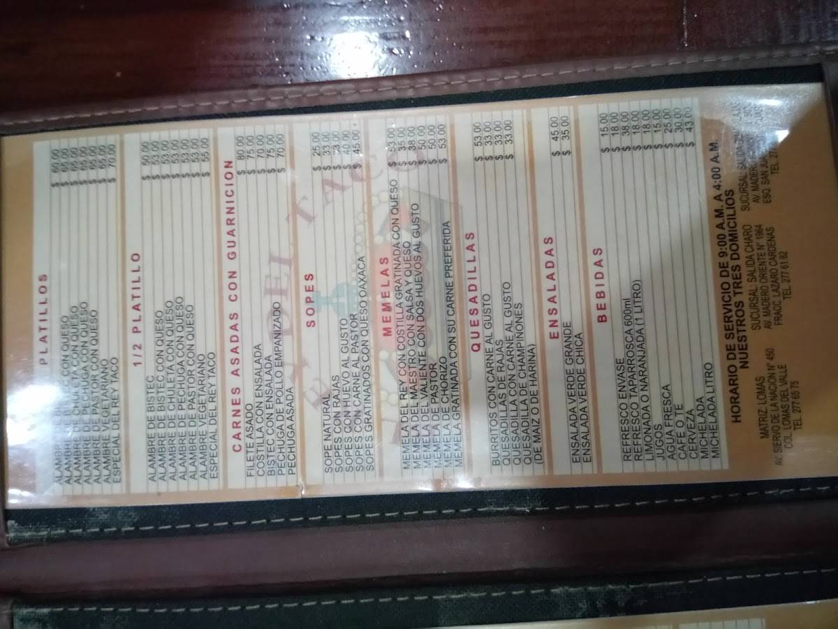Carta del restaurante El Rey del Taco, Morelia, Av Siervo del La Nacion 89