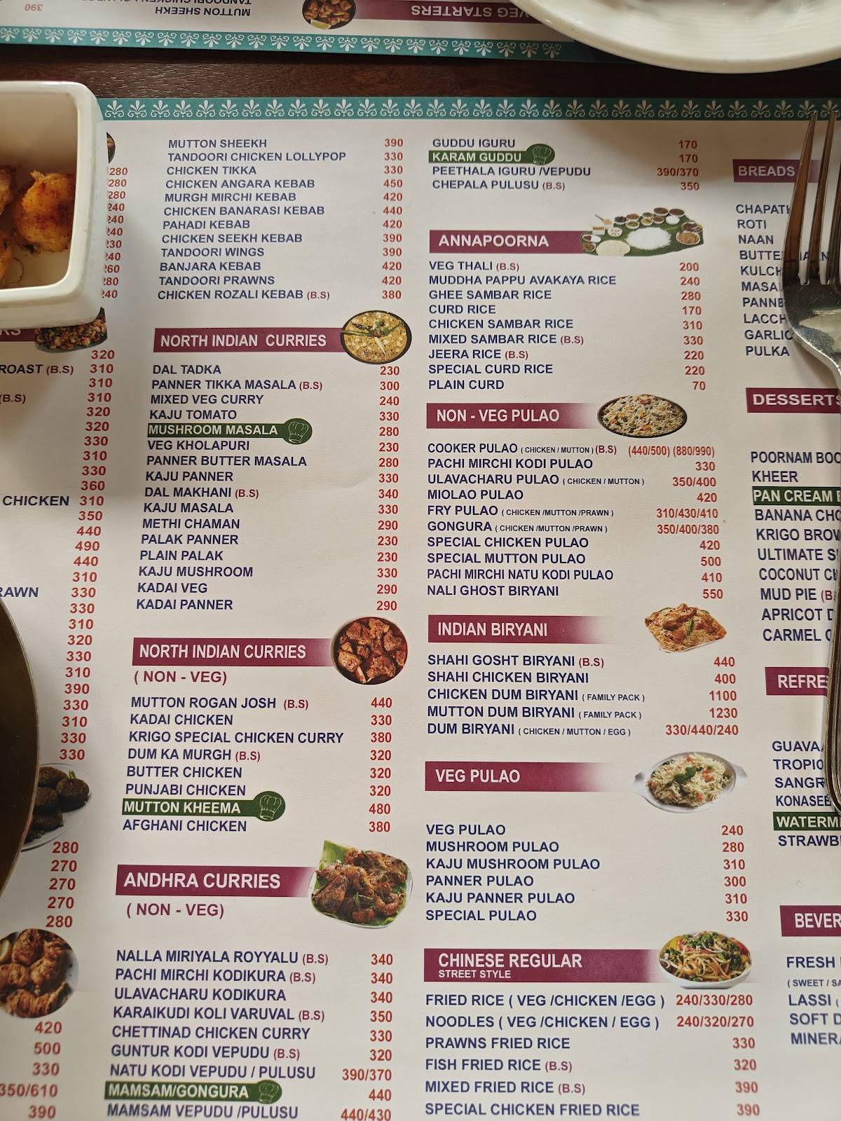 Krigo fine dining family restaurant menu