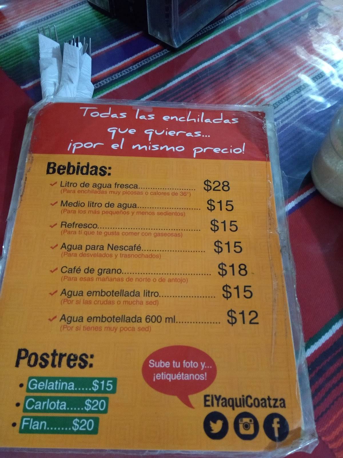 Carta Del Restaurante Enchiladas EL YAQUI Coatzacoalcos