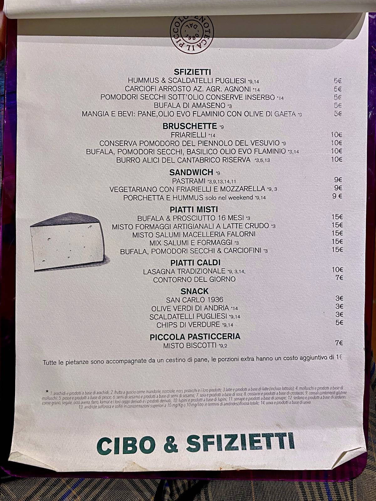Menu di Enoteca il Piccolo dal 1980 