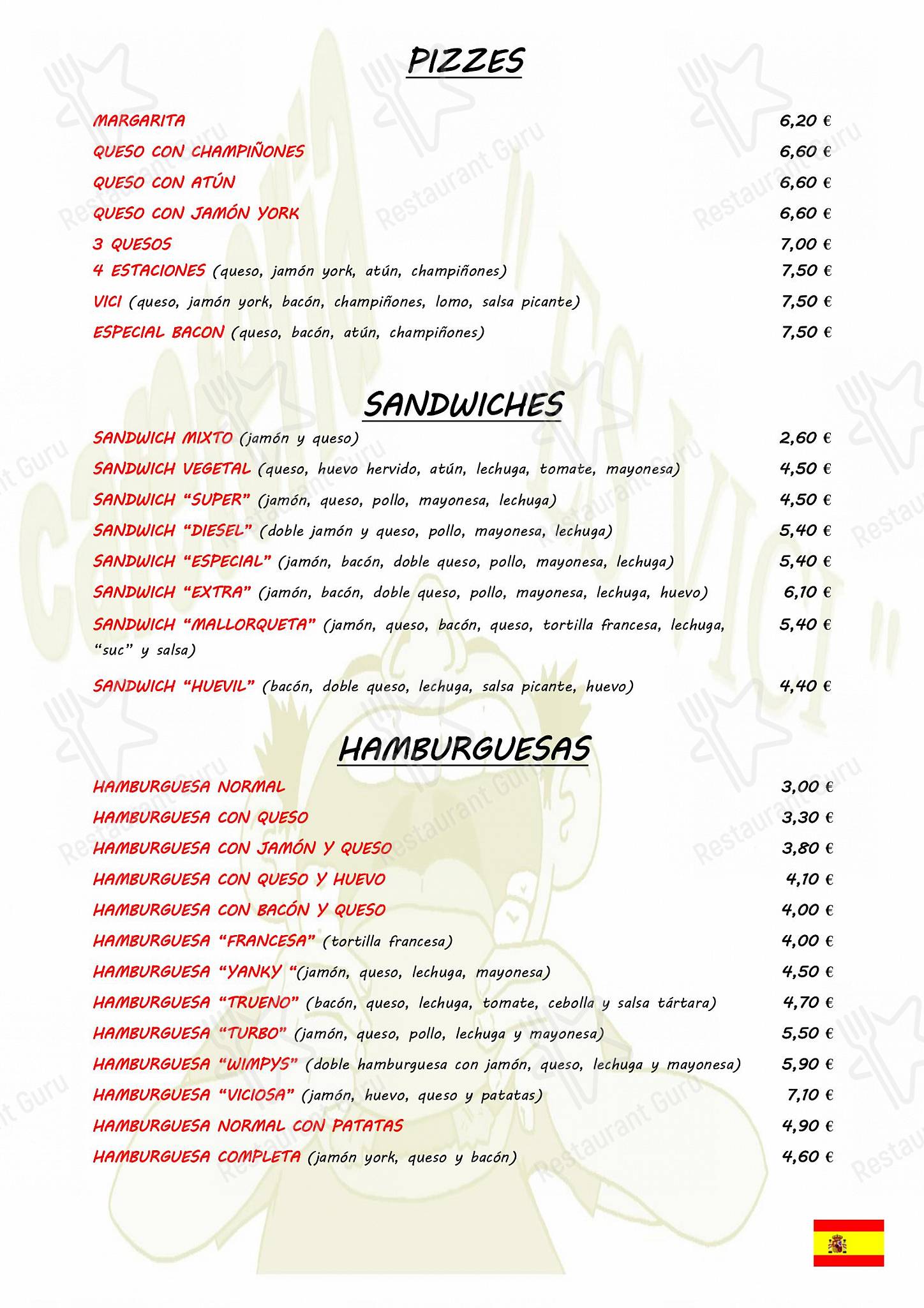 Carta del café Es Vici, Campos, Carretera Palmasantanyi