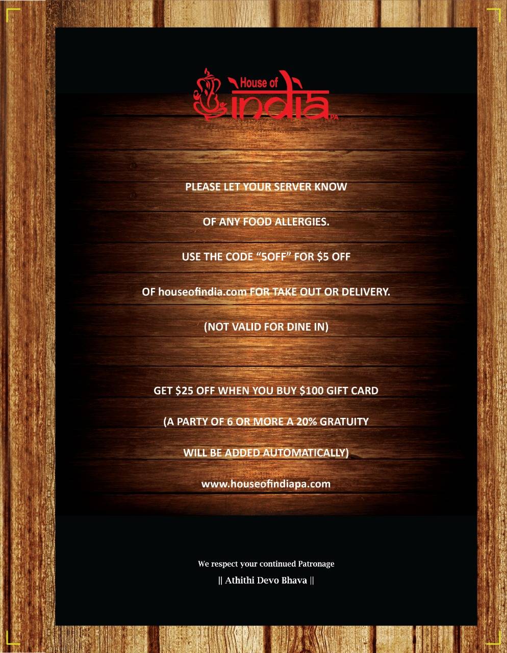 Menu at House Of India Pa restaurant, Exton
