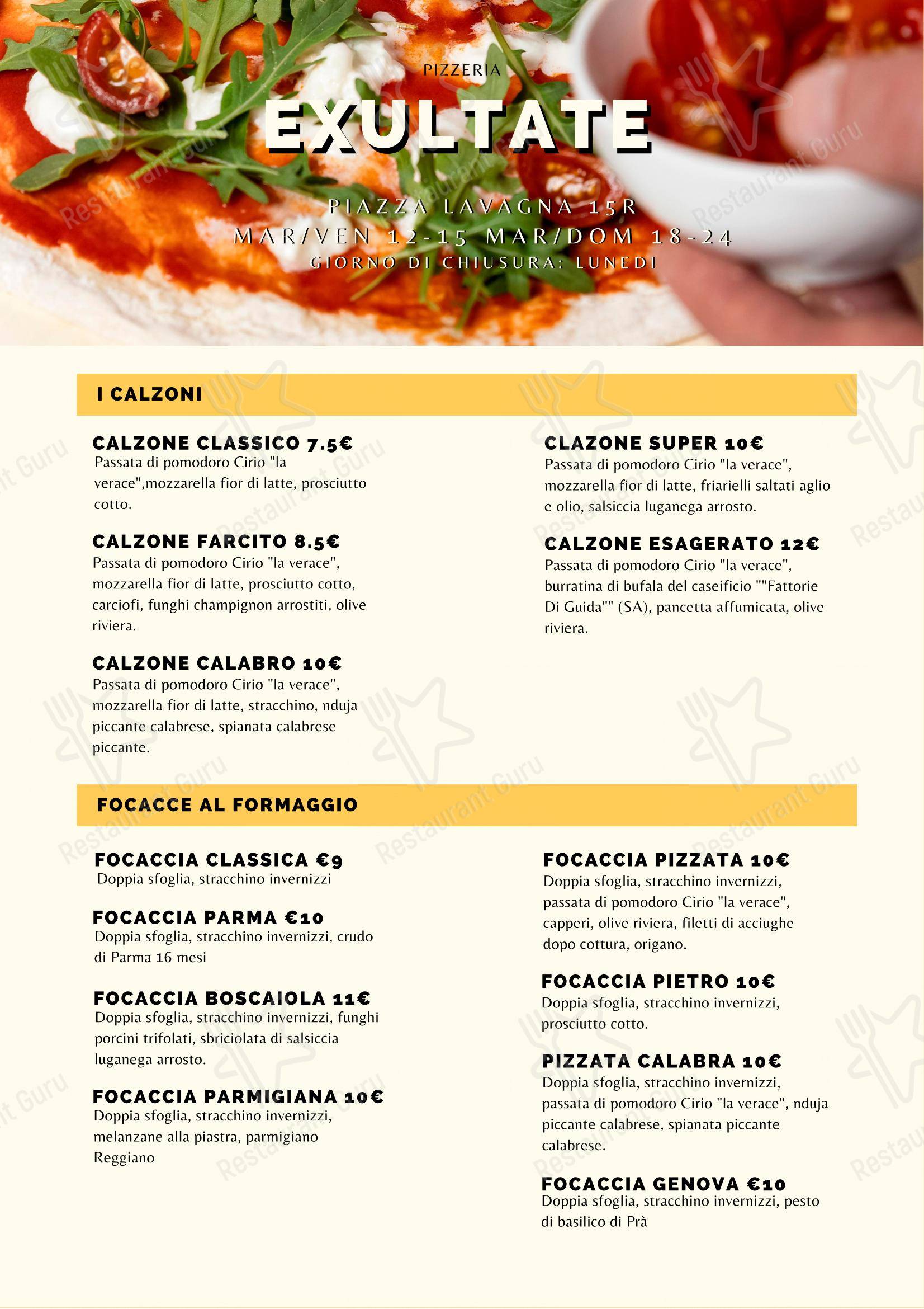 Menu per Exultate ristorante