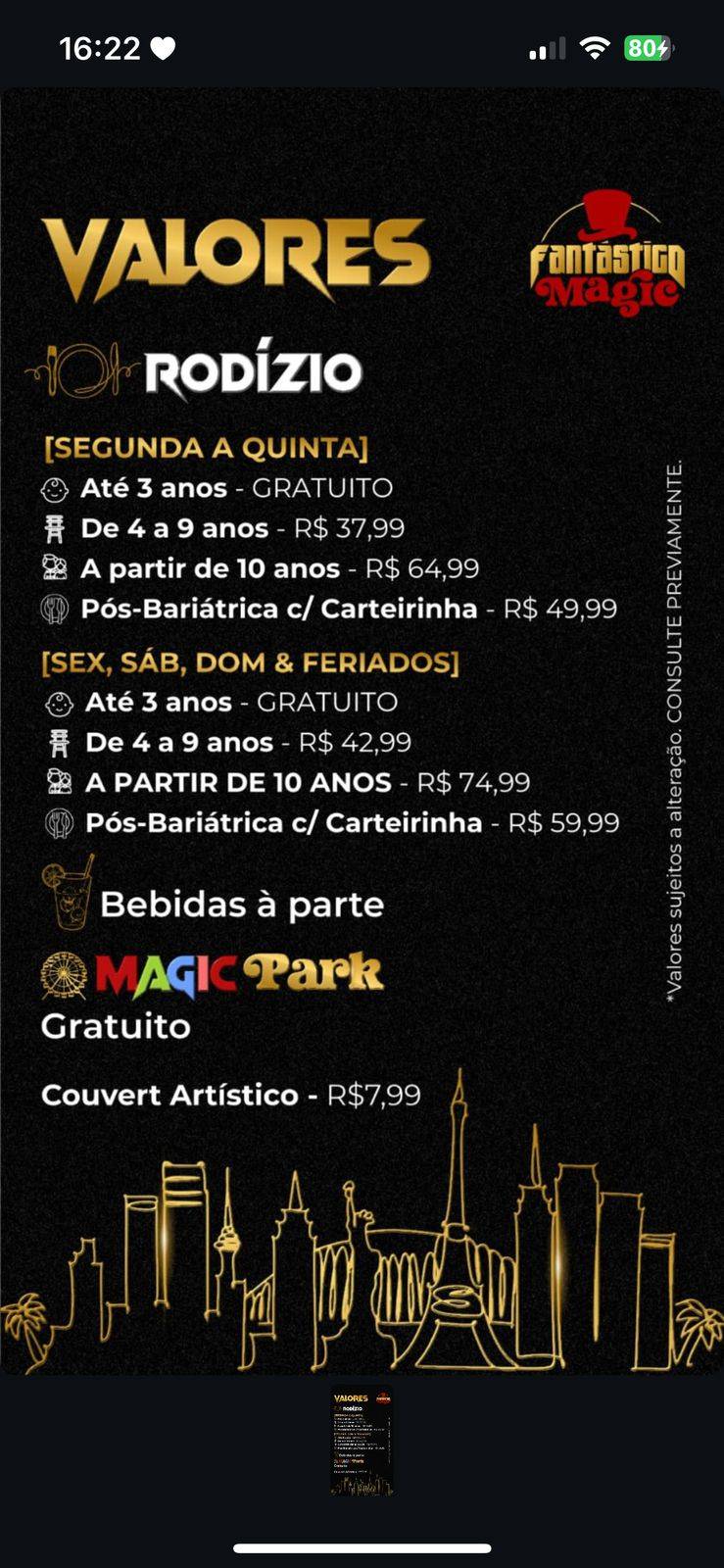 Fantástico Magic: Restaurante Temático com Rodízio Premium e Música ao Vivo cardápio