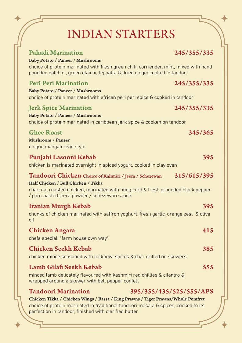 Farmhouse Garden Restaurant / Residency menu