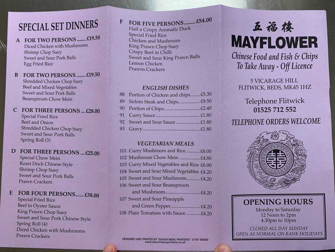 Menu At Mayflower Chinese And Fish Chips Fast Food Westoning