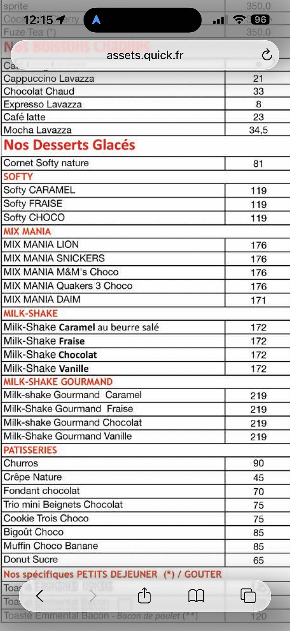 Menu de Quick Écully