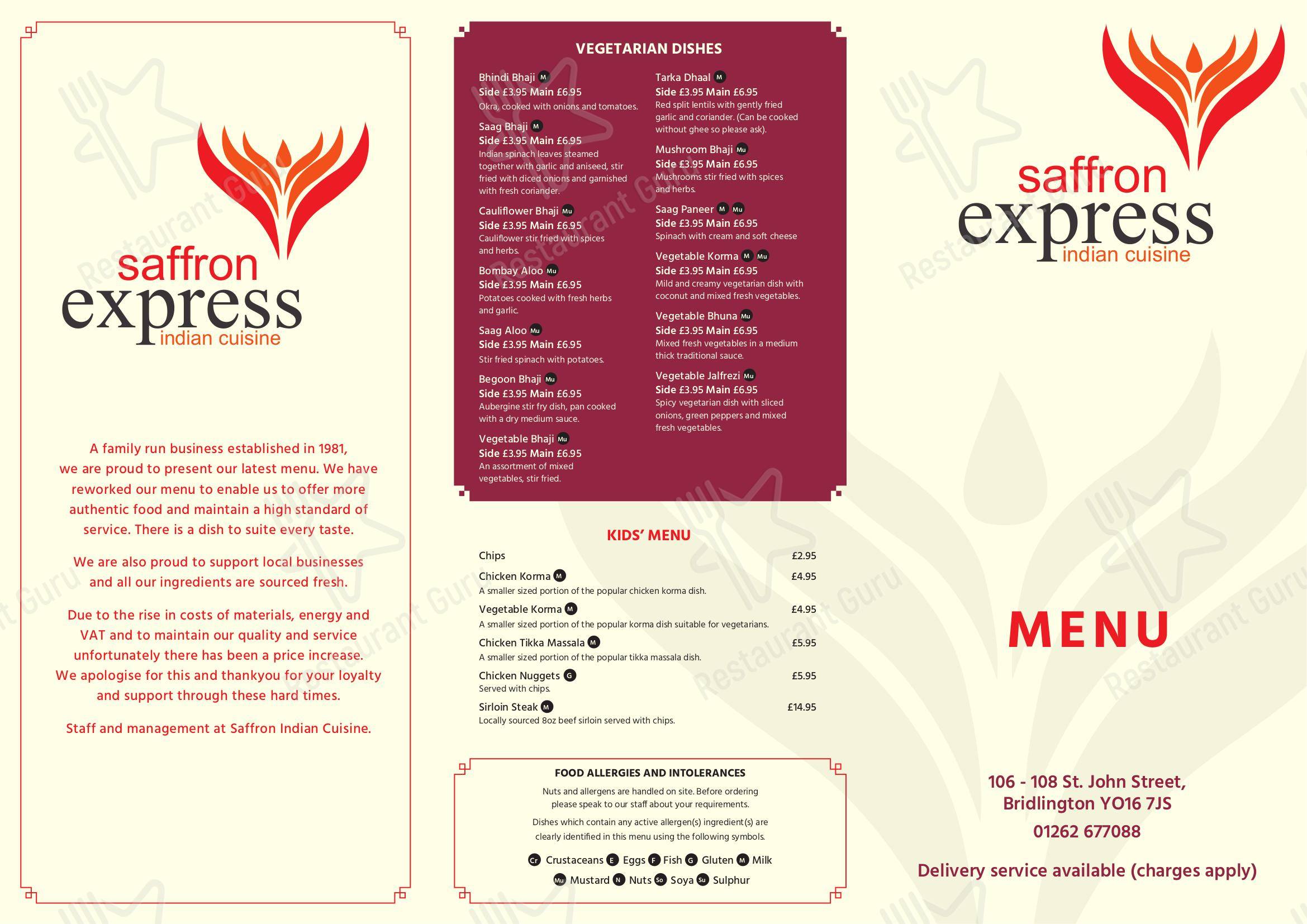 Menu at Saffron fast food, Bridlington