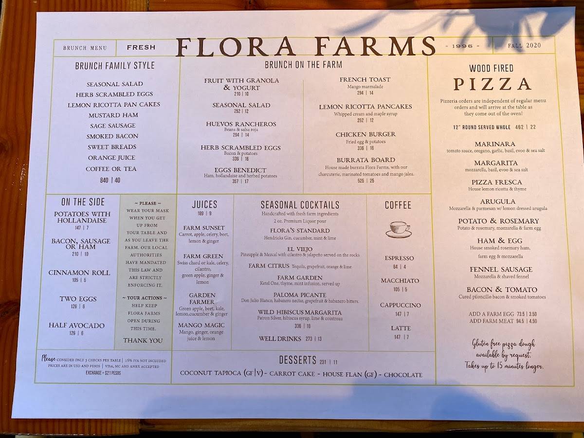 Menu at Flora Farms pub & bar, San José del Cabo, Carretera Transpeninsular San Jose del Cabo Km. 30