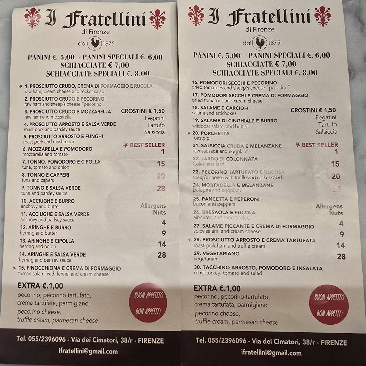 Menu di I Fratellini | Panini e Schiacciate dal 1875 