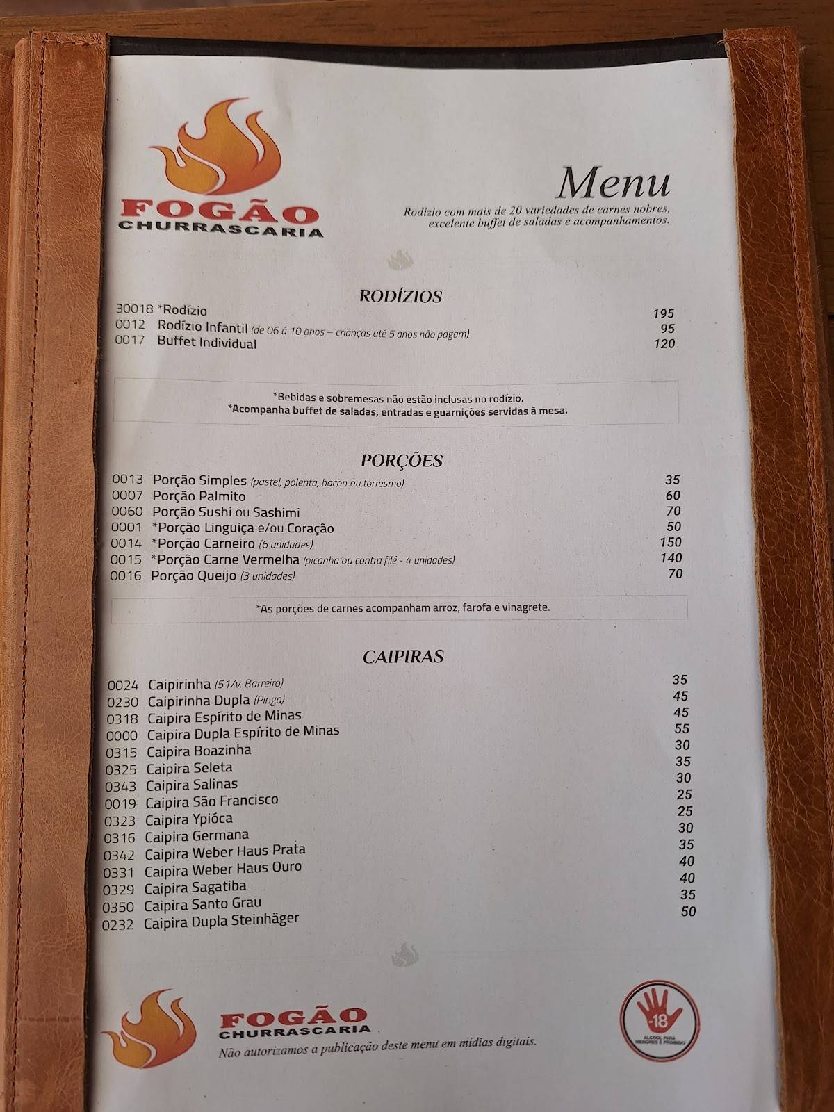 Fogão Churrascaria cardápio