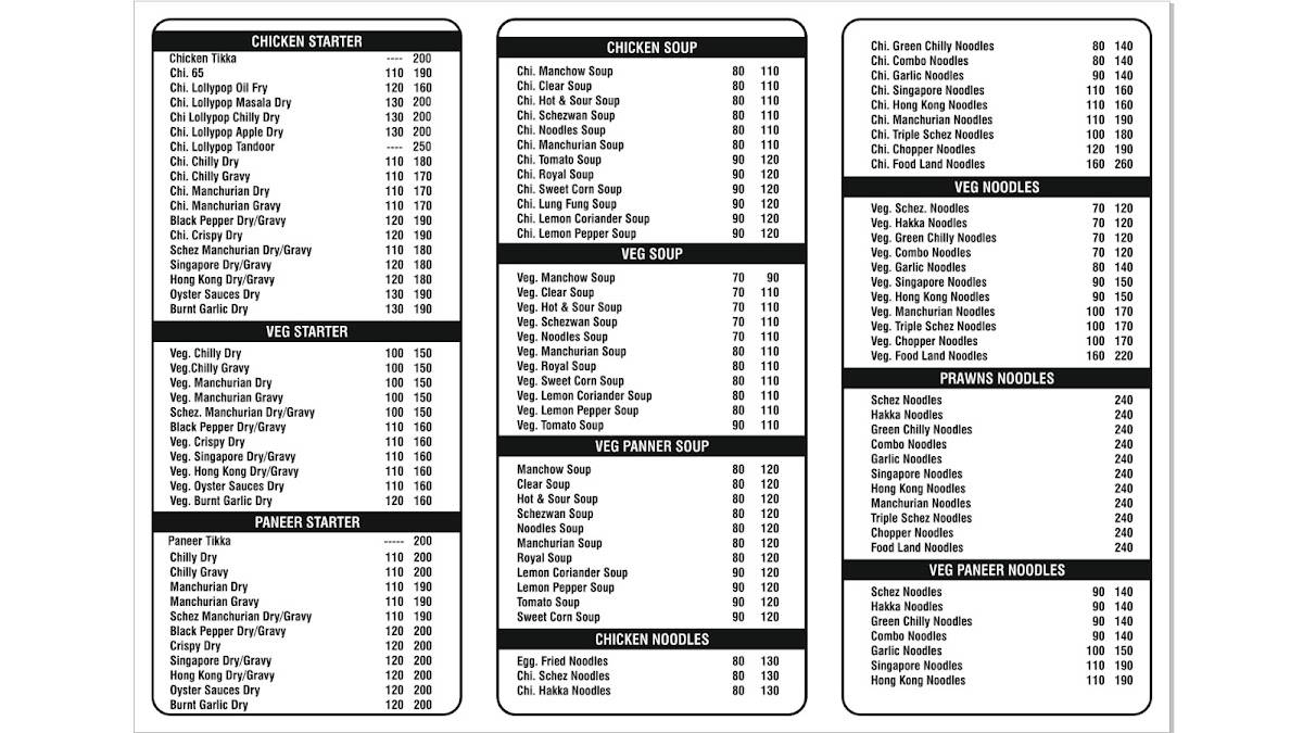 Food Land Chinese Restaurant menu