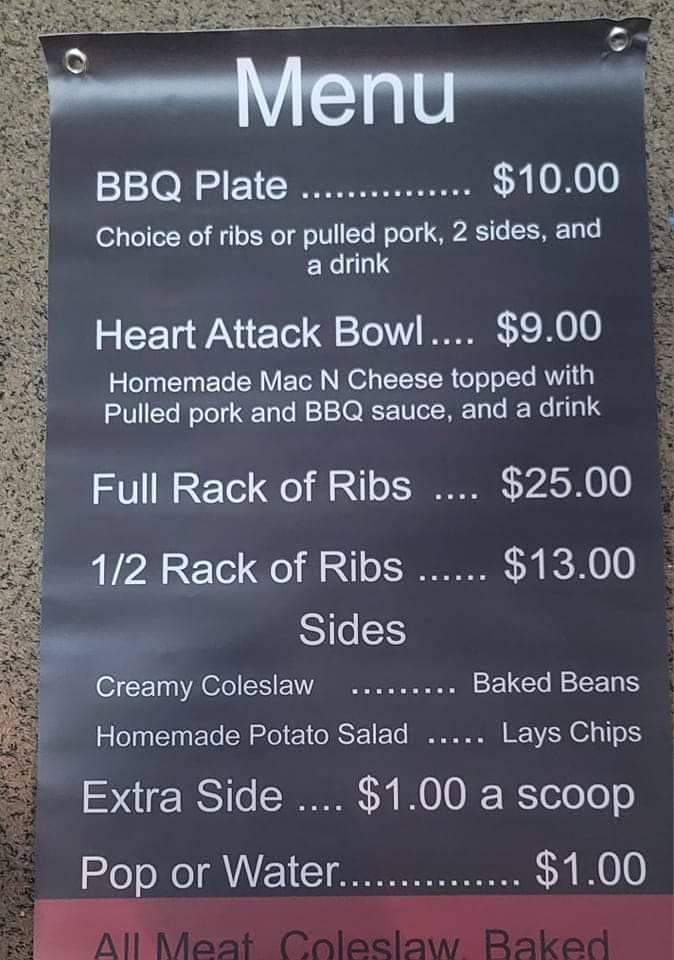Menu at Four Piggies BBQ, Prairie Farm