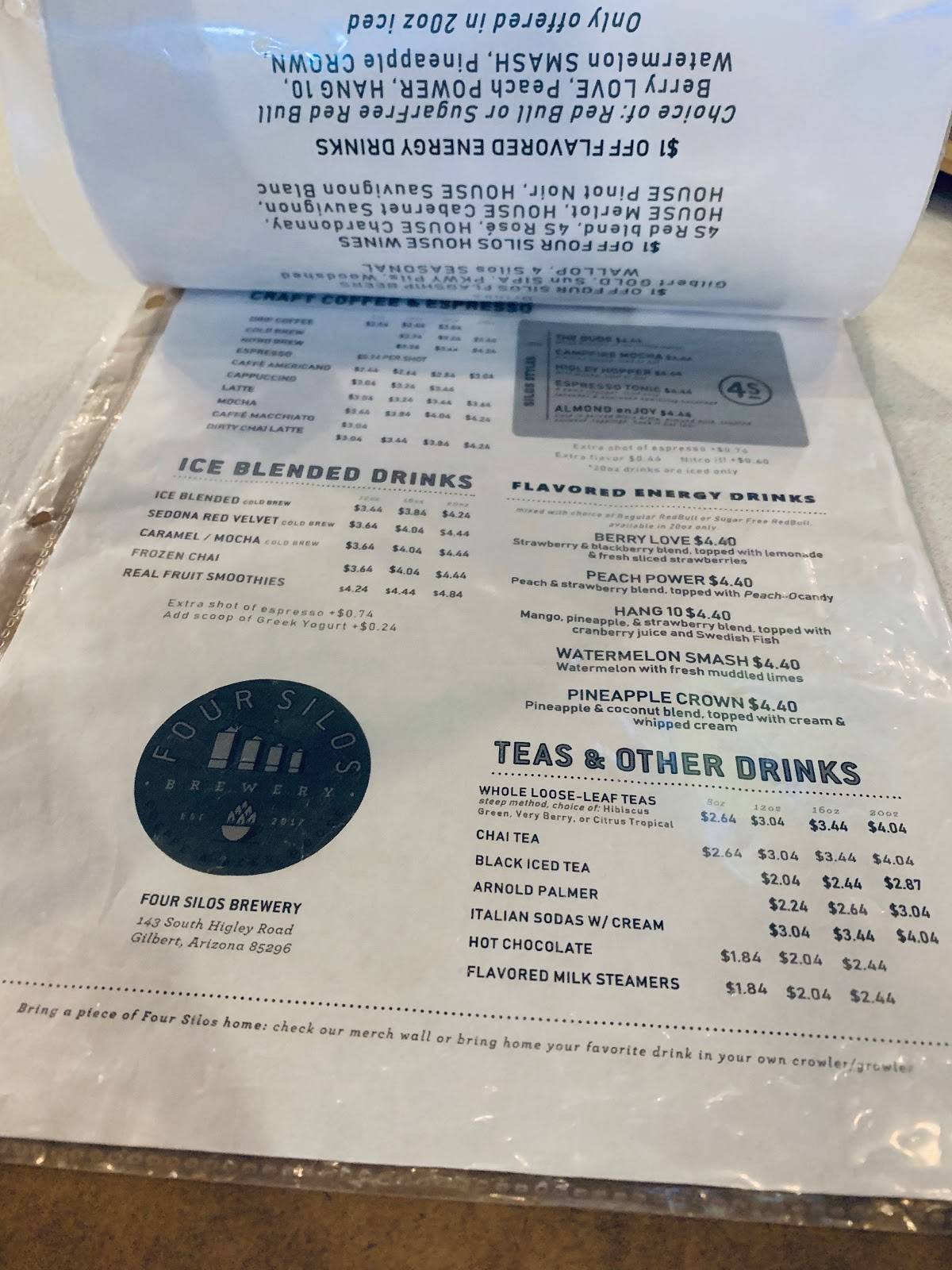 Menu at Four Silos Craft Coffee & Beer House pub & bar, Gilbert