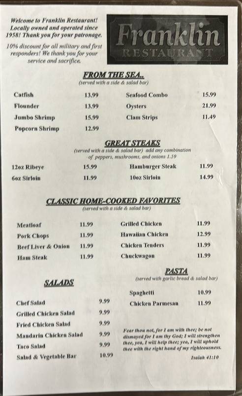 Menu at Franklin Restaurant, Rocky Mount