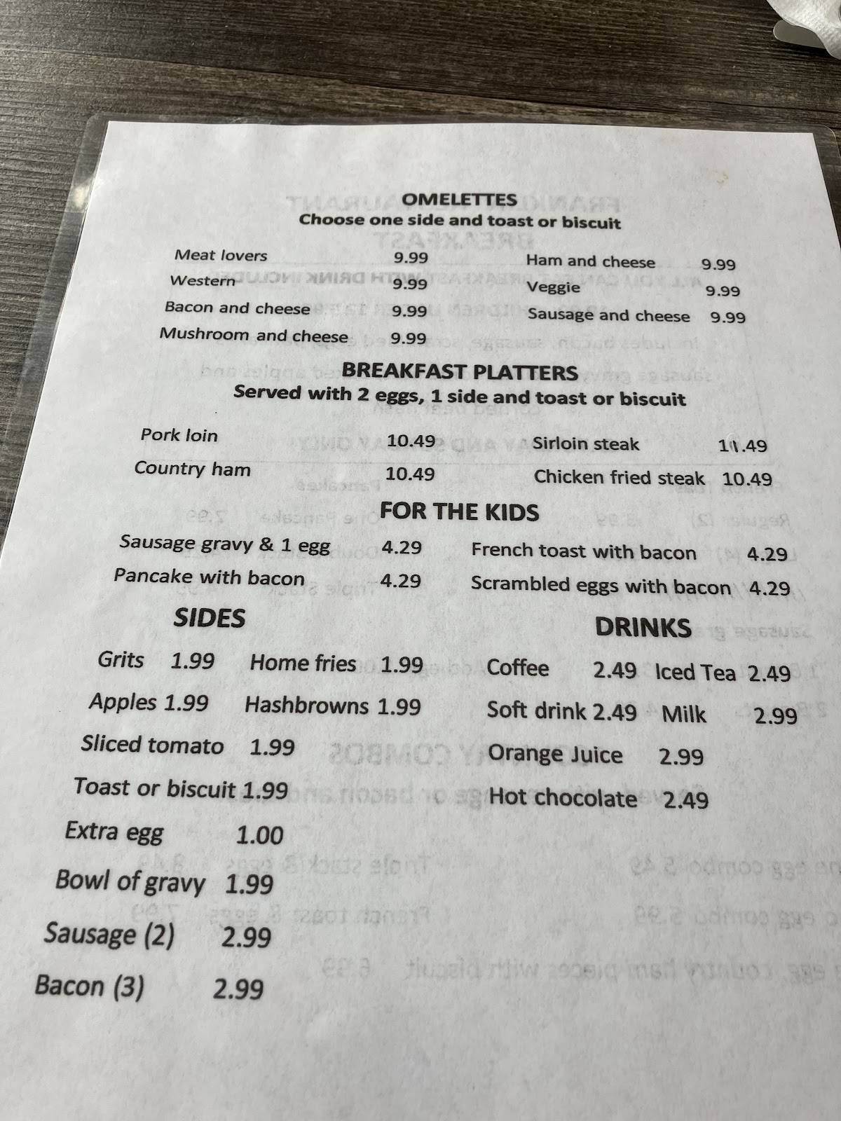 Menu at Franklin Restaurant, Rocky Mount