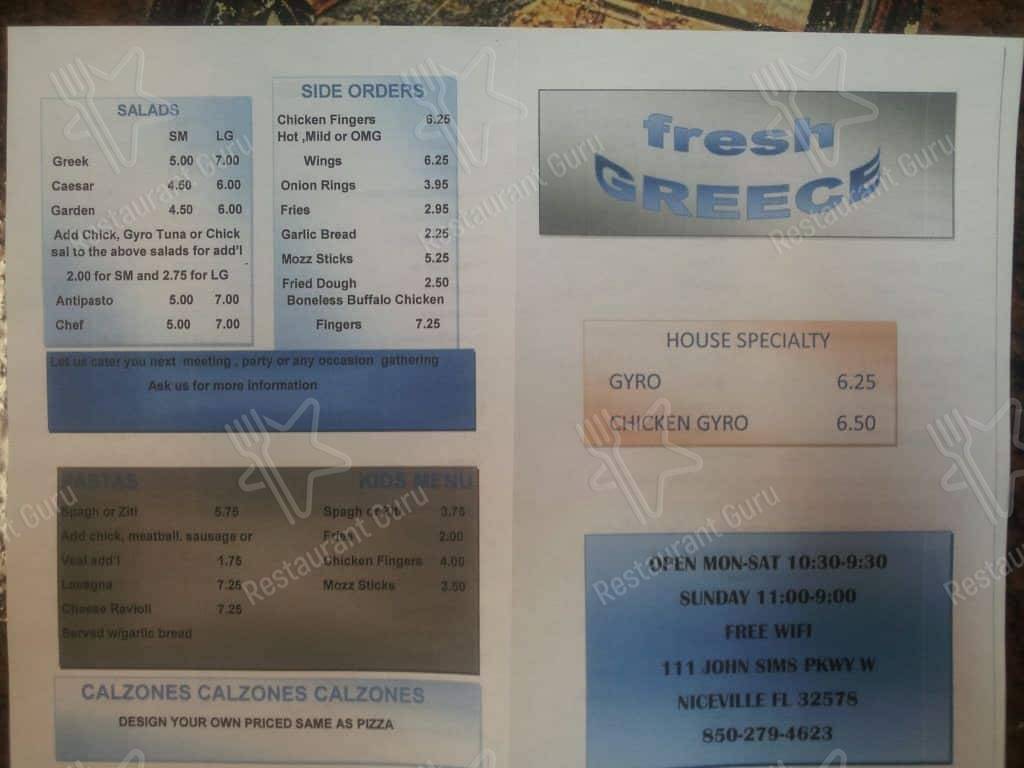 Menu at Fresh Greece Pizza & Grill pizzeria, Niceville
