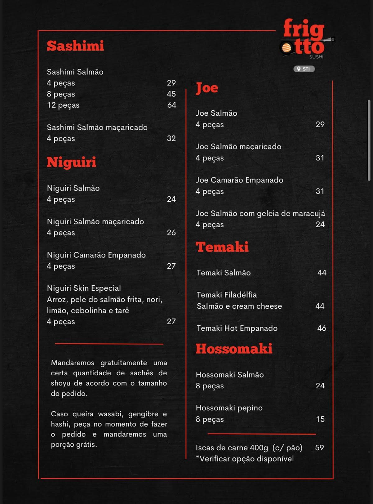 Frigotto Sushi STI cardápio