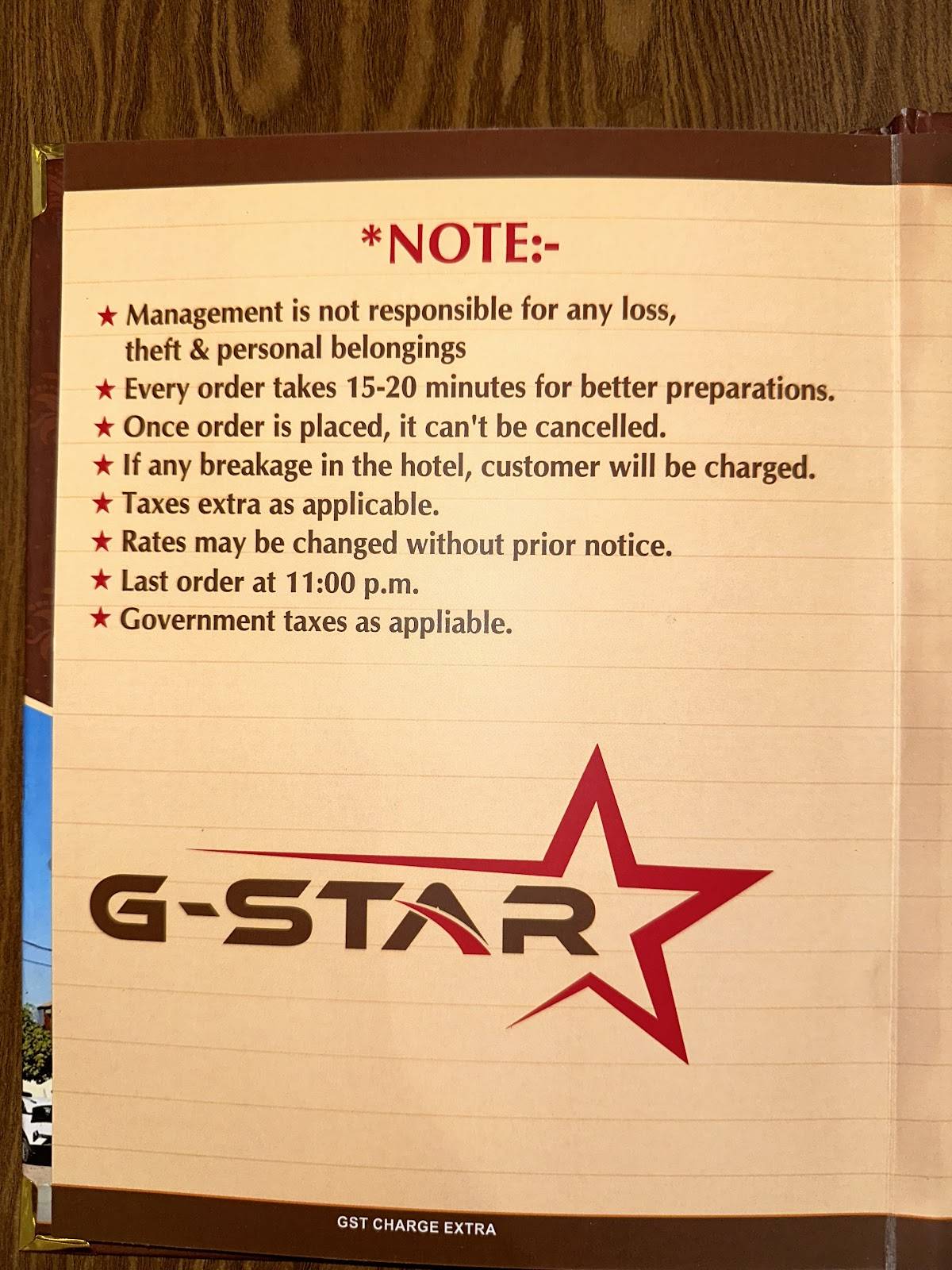 G-STAR HOTEL&RESTAURANT menu