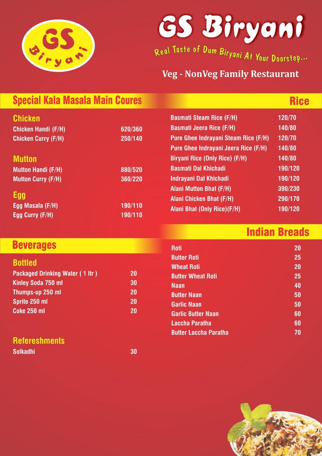 GS Biryani menu