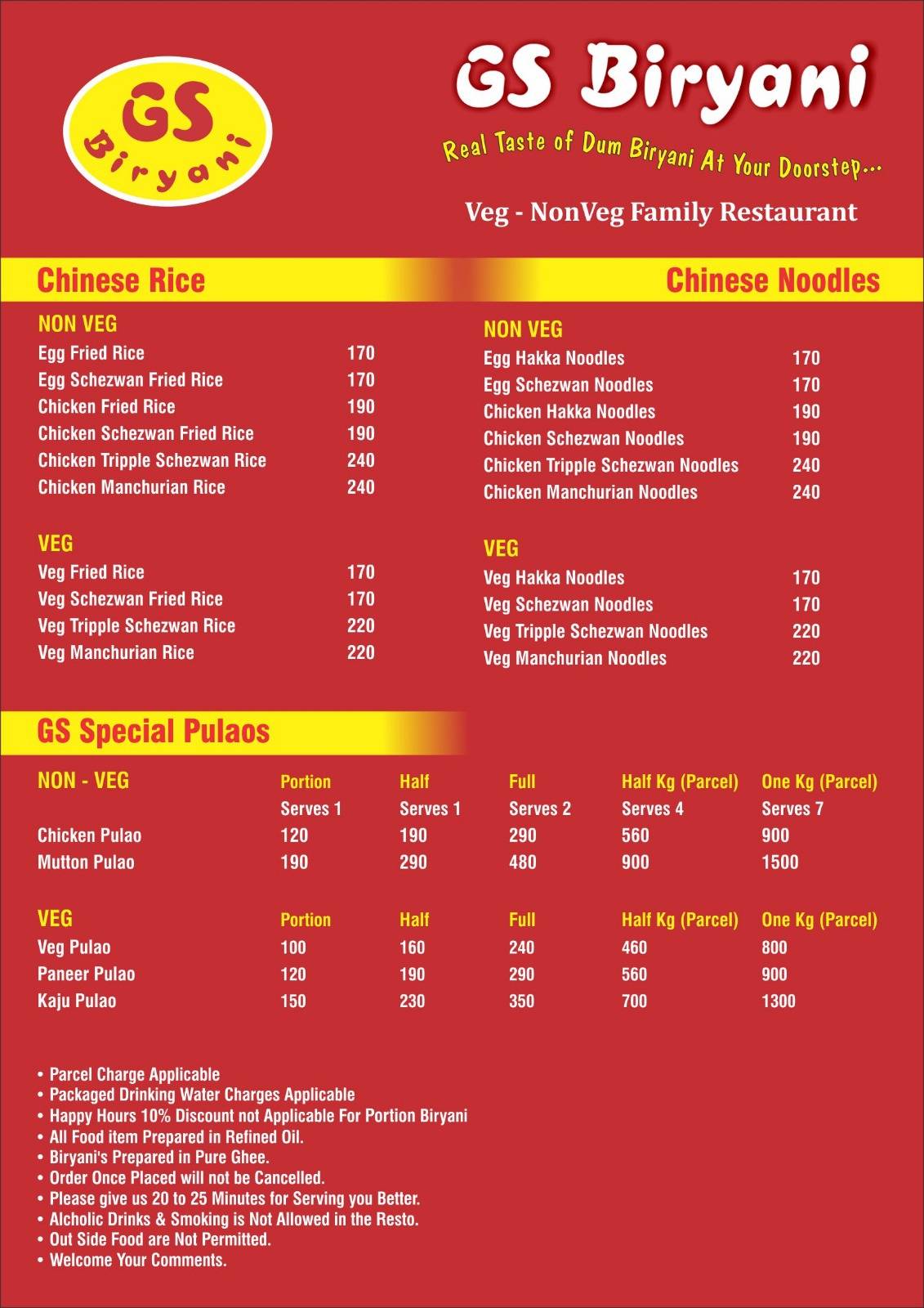GS Biryani menu