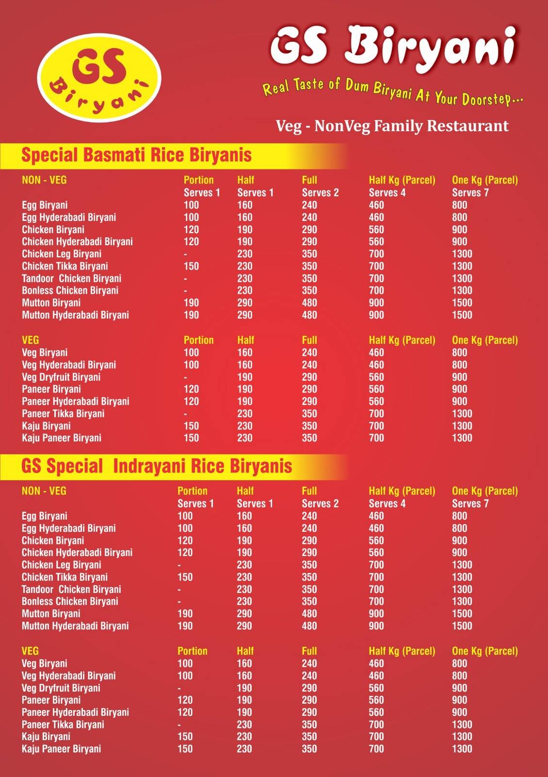 GS Biryani menu