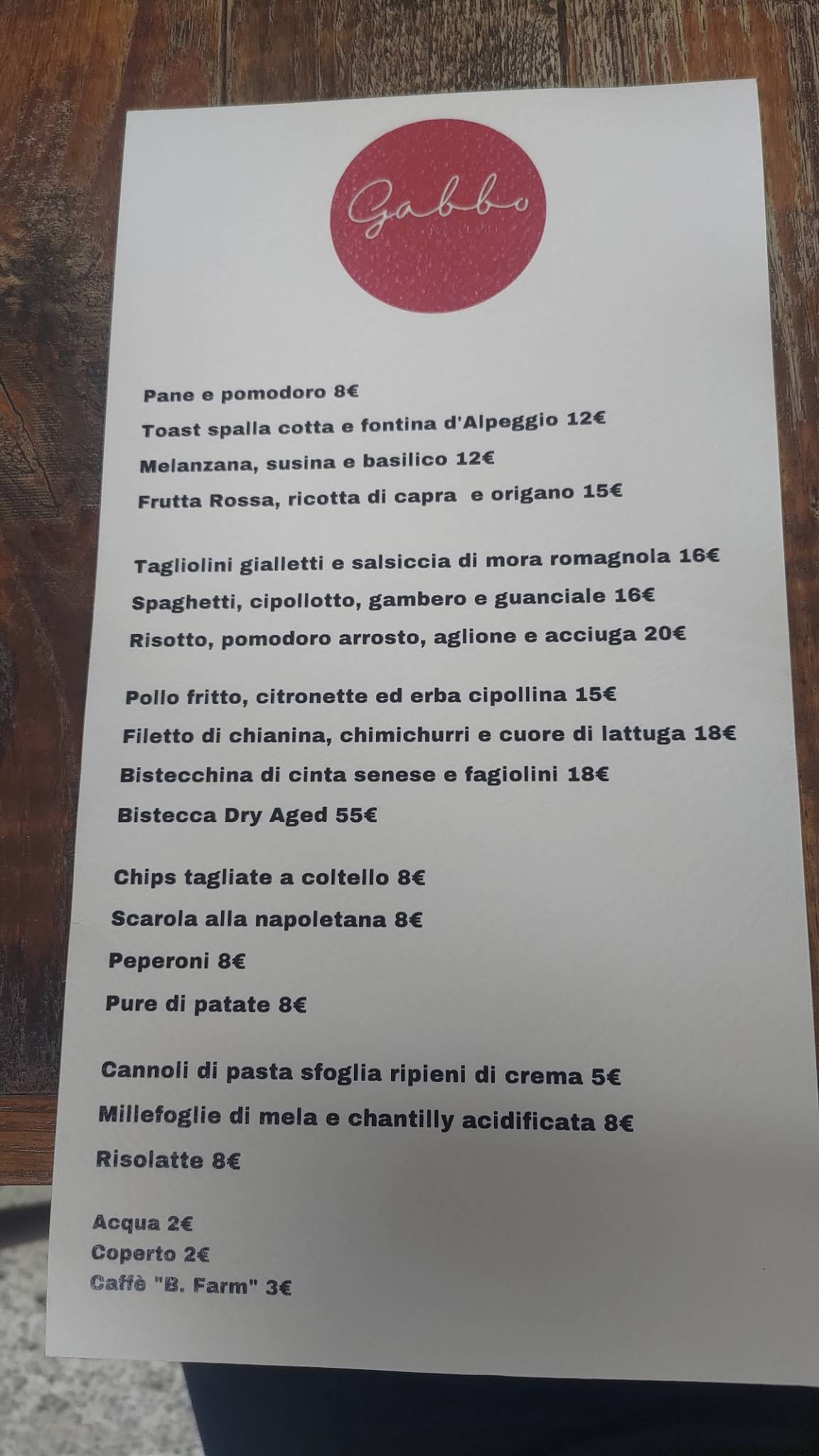 Menu di Gabbo Cave a Vin 