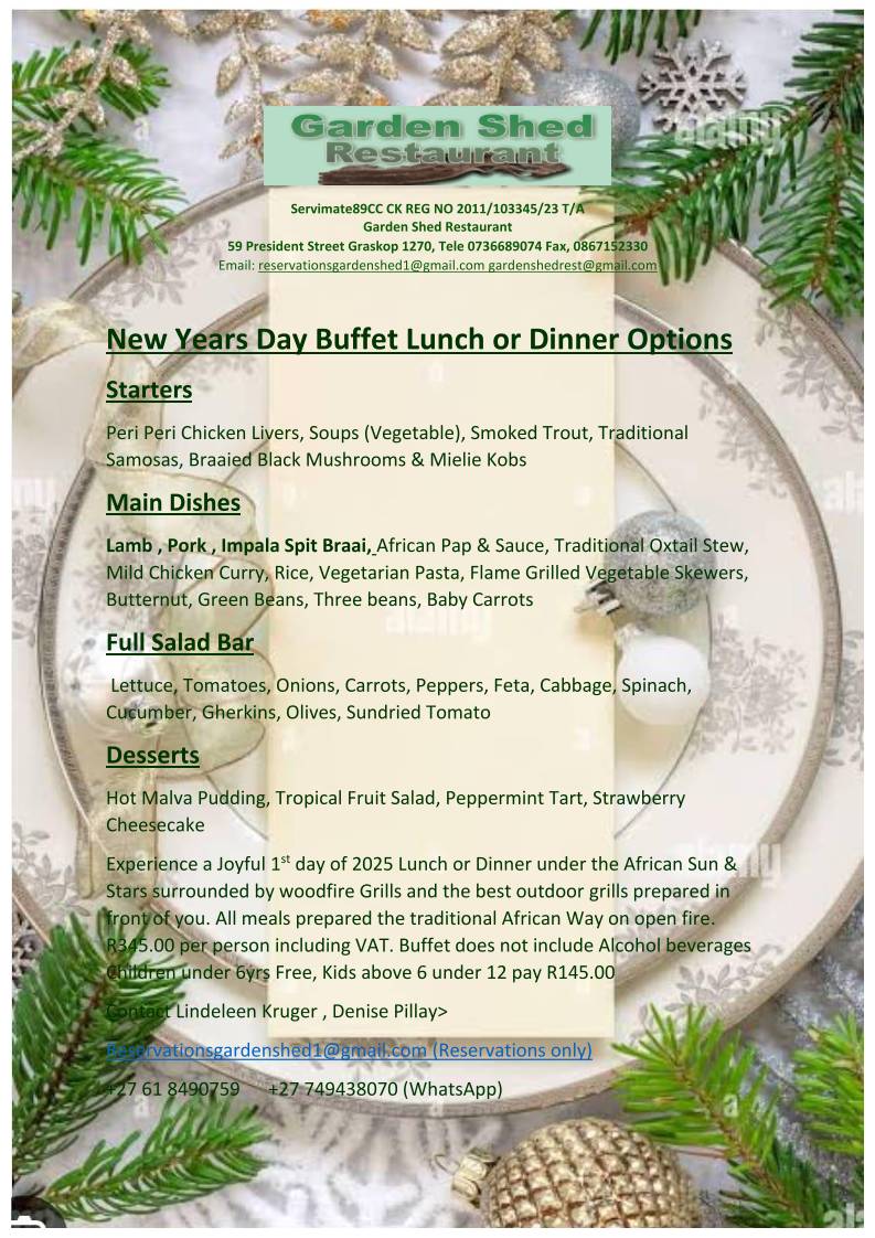 Menu at Garden Shed Restaurant, Graskop