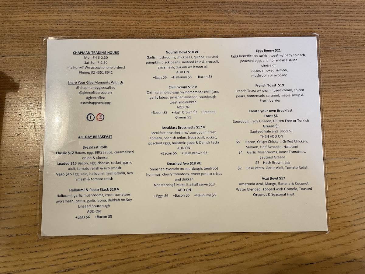 Menu at Glee Coffee Roasters Chapman cafe, Wyong, The Chapman Building