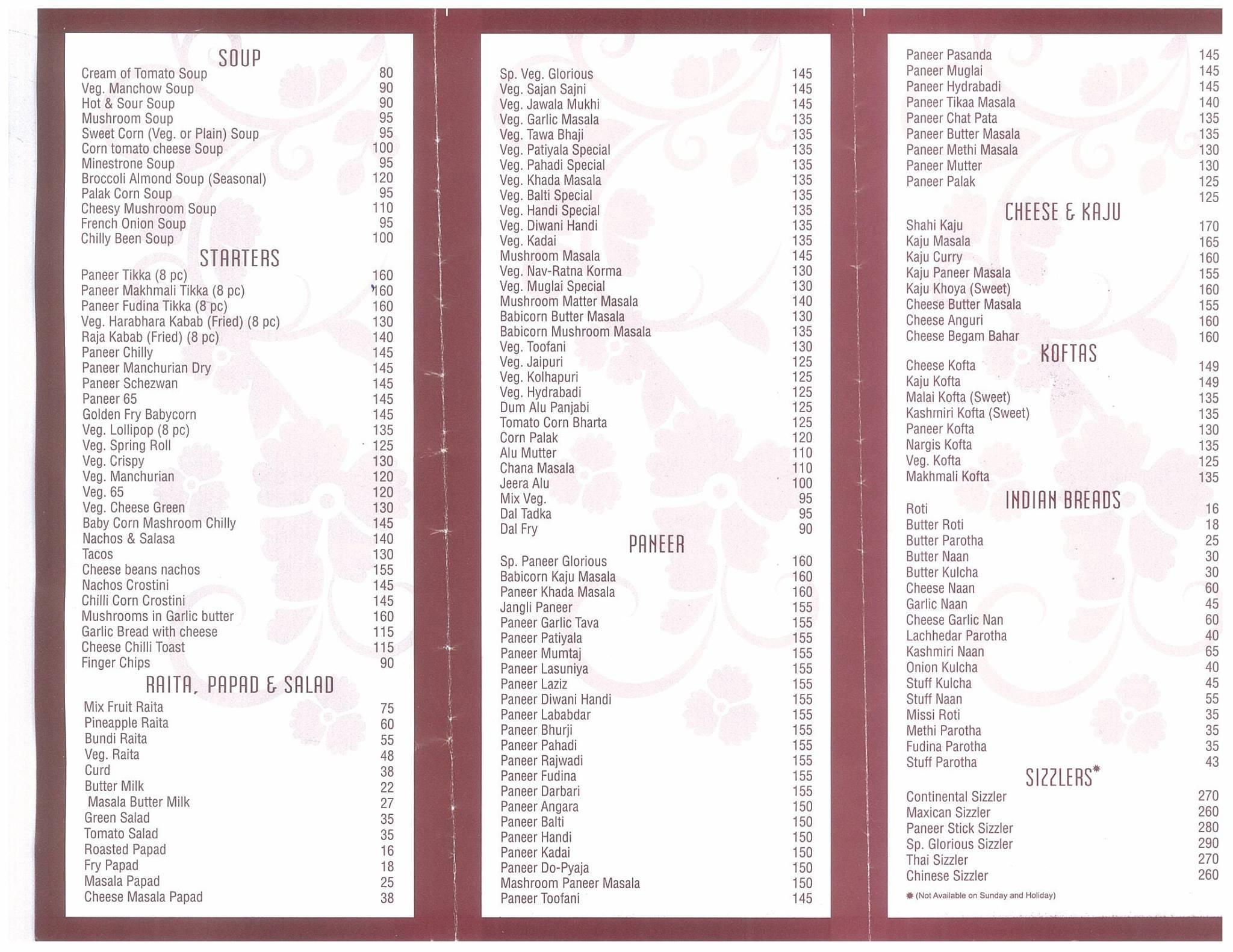 Glorious Restaurant menu