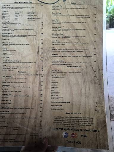 Goa's Ark Restaurant menu