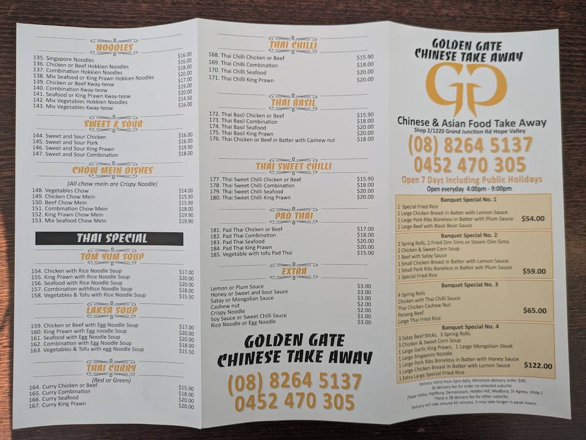 Menu at Golden Gate Chinese Takeaway restaurant, Hope Valley