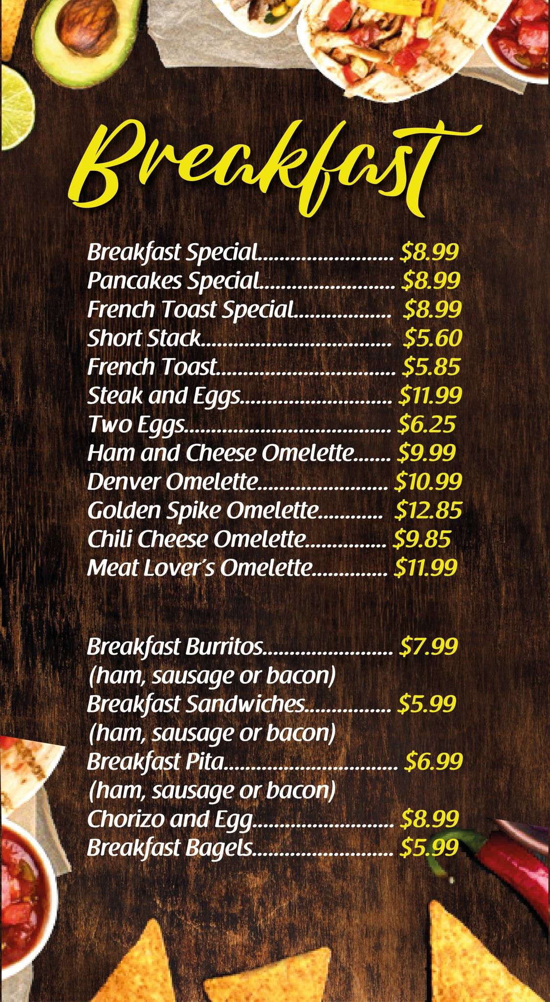 Menu at Golden Spike Burgers fast food, Garland