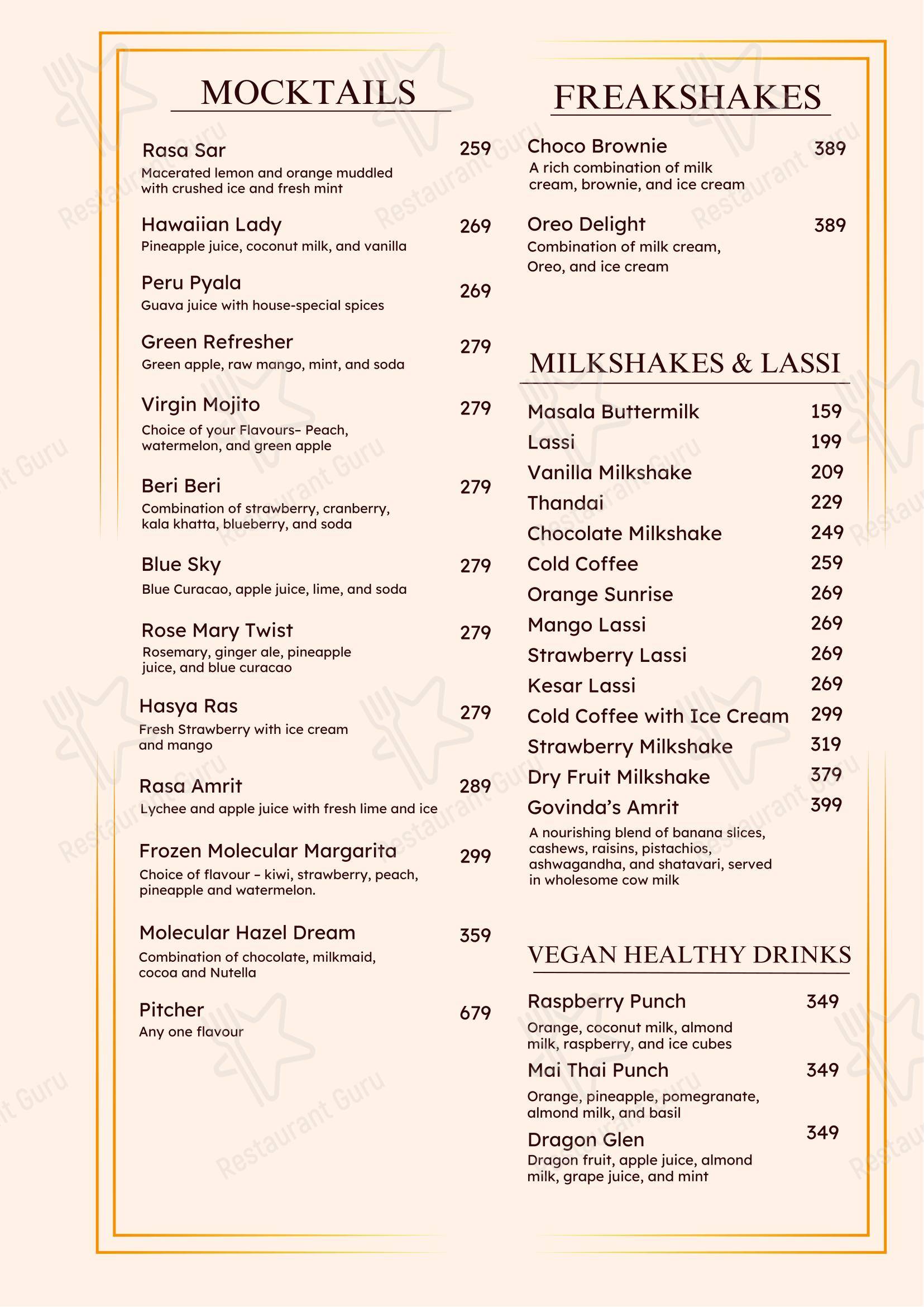 Menu for the Govindas International- The Higher Taste restaurant